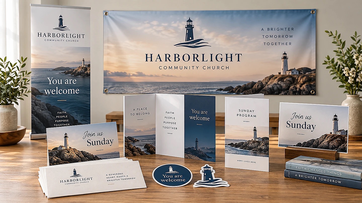 Church banners, welcome cards, programs and stickers